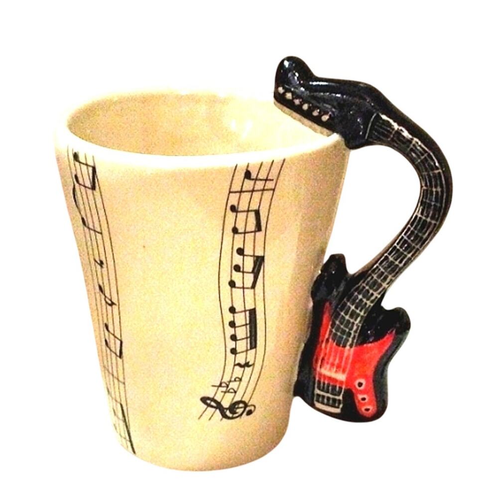 Black Electric Guitar COFFEE CUP Beige Mug Handle Rock Musician Music Ecclectic